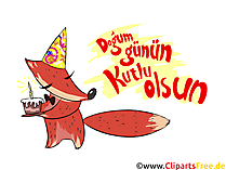 Fuchs mit Geburtstagstorte Grusskarte auf Türkisch