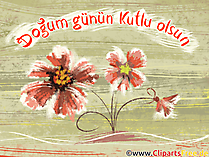 Glückwunschkarte mit Blumen zum Geburtstag auf Türkisch, Clipart, Bild