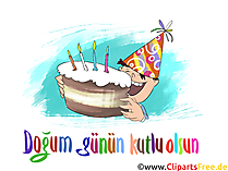 Kind mit Torte und Kerzen Gruss zum Geburtstag auf Türkisch, Clipart, Bild