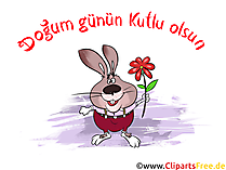 Lustige Glückwunschkarte zum Geburtstag mit Hase auf Türkisch, Clipart, Bild, Illustration