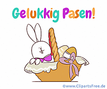 Osterhase im Korb Bild zu Ostern auf Niederländisch