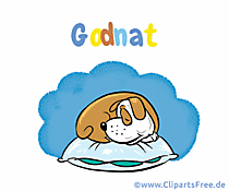 Schlafender Hund  Bild mit Spruch Gute Nacht auf Dänisch