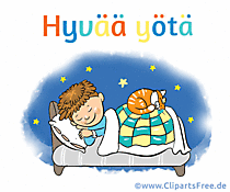 Gif mit schlafendem Kind im Bett - Gute Nacht auf Finnisch