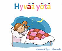 Gute Nacht auf Finnisch Clipart-Bild mit schlafendem Kind im Bett