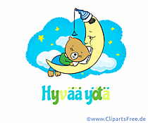 Mond im Nachthimmel mit Gute Nacht Spruch auf Finnisch