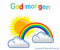 Guten Morgen auf Dänisch Gif mit Regenbogen, Wolken und Sonne