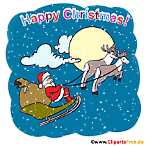 Weihnachtsmann auf Schlitten mit Rehen fliegen im Himmel im Schneefall Gif Clipart