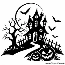 Haus, Fledermmäuse, Kürbisse Clipart zu Halloween