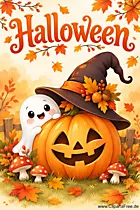 Grusskarte zu Halloween mit niedlichem Gespenst
