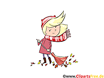 Grafik kostenlos Mädchen mit Besen, Wind, Herbst