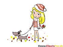 Illustration Mädchen spaziert mit einem Hund
