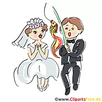 Hochzeitskarte Brautpaar hat Goldfisch geangelt Clipart, Illustration, Bild