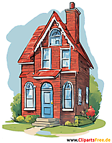Clipart Haus mit Wiese, Kamin, Schornstein und rotem Dach