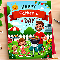 Kreslená elektronická pohlednice ke Dni otců - rodina grilující na zahradě