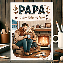 Ich liebe Papa schöne Grusskarte Vater und Tochter am Kamin
