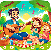 Vater mit Kindern macht Ausflug, spielt Gitarre Bild, Illustration, Clipart