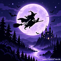 Hexe auf Besen mit Mond im Hinterggrund Walpurgisnacht Clipart