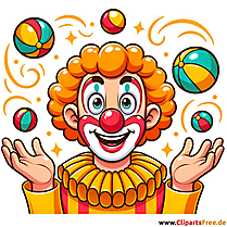 Karnevalový klipart klaun žongluje s barevnými míčky