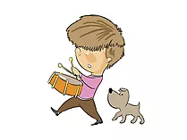 Junge mit Trommel und Hund Clipart, Bild, Illustration
