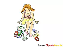 Mädchen im Kindergarten mit vielen Schuhen Cartoon, Clipart, Bild, Illustration
