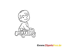 Kind spielt mit Spielzeugauto Zeichnung, Bild schwarz-weiss, Clipart, Comic, Cartoon kostenlos