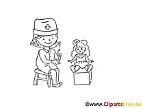 Mädchen spielt mit Puppe Zeichnung, Bild schwarz-weiss, Clipart, Comic, Cartoon kostenlos