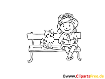 Mädchen und Katze Zeichnung, Bild schwarz-weiss, Clipart, Comic, Cartoon kostenlos
