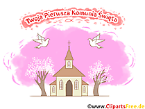 Kirche Comic, Cartoon Bild - Glückwünsche zur Kommunion auf Polnisch