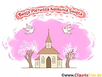 Kirche Comic, Cartoon Bild - Glückwünsche zur Kommunion auf Polnisch