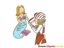 Meerjungfrau und Pizzabote Cartoon, Clipart, Bild, Illustration