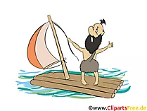 Urmensch fährt mit Floß Clipart, Bild, Comic
