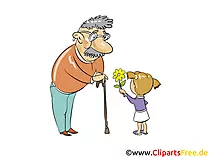 Enkelkind gratuliert Opa mit Blumen Bild, Clipart, Illustration