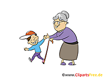 Enkelkind und alte Oma auf der Straße Bild, Clipart, Illustration
