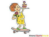 Frau mit Skateboard fährt zum Geburtstagsparty Cartoon, Clipart, Bild, Illustration