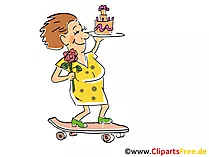 Frau mit Skateboard fährt zum Geburtstagsparty Cartoon, Clipart, Bild, Illustration