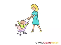 Mutter mit Baby im Kinderwagen Clipart, Illustrtion, Bild