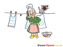 Oma mit Handy macht Wäsche Clipart, Bild, Comic