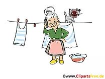 Oma mit Handy macht Wäsche Clipart, Bild, Comic