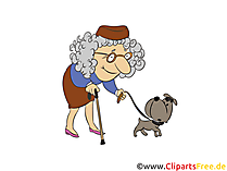 Oma mit Hund spazieren im Park Cartoon, Clipart, Bild, Illustration