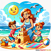 Породица на плажи клипарт - мајка, син, ћерка