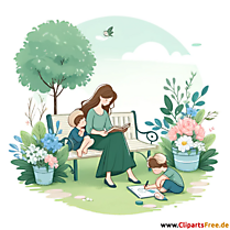 Mama mit Kindern im Park Clipart zum Muttertag kostenlos