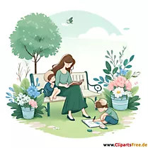 Mama mit Kindern im Park Clipart zum Muttertag kostenlos