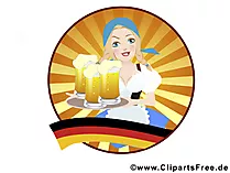 Oktoberfest service, girls in traditional costumes with beer pictures