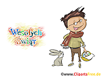 Junge mit Brille, Kaninchen Clipart, Grußkarte auf Polnisch