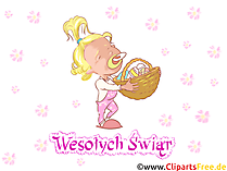 Kind mit Nuckel im Mund und Korb mit Osterneiser Clipart auf Polnisch