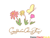 Frohe Ostern auf Russisch schöne Grusskarte mit Blumen und Schmetterling