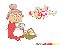 Großmutter (Babuschka) mit Ostereiern Karte auf Russisch Clipart, Illustration, Bild