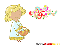 Niedliches Kind mit Körbchen mit Eiern zu Ostern Clipart auf Russisch