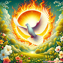 Tarjeta de felicitación de Pentecostés con paloma blanca y sol.