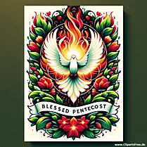 Kartu ucapan pikeun Pentecost kalawan japati jeung kembang